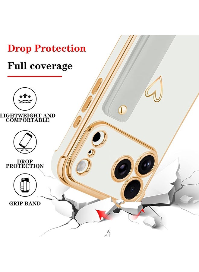 Wffo Compatible with iPhone 17 Pro Max Case - Adjustable Wrist Strap Kickstand - Cute Heart Luxury Gold Plating Bumper - Raised Edges Shockproof Protection for iPhone 17 Pro Max - Women Men Protective Case Cover - White - Image 2