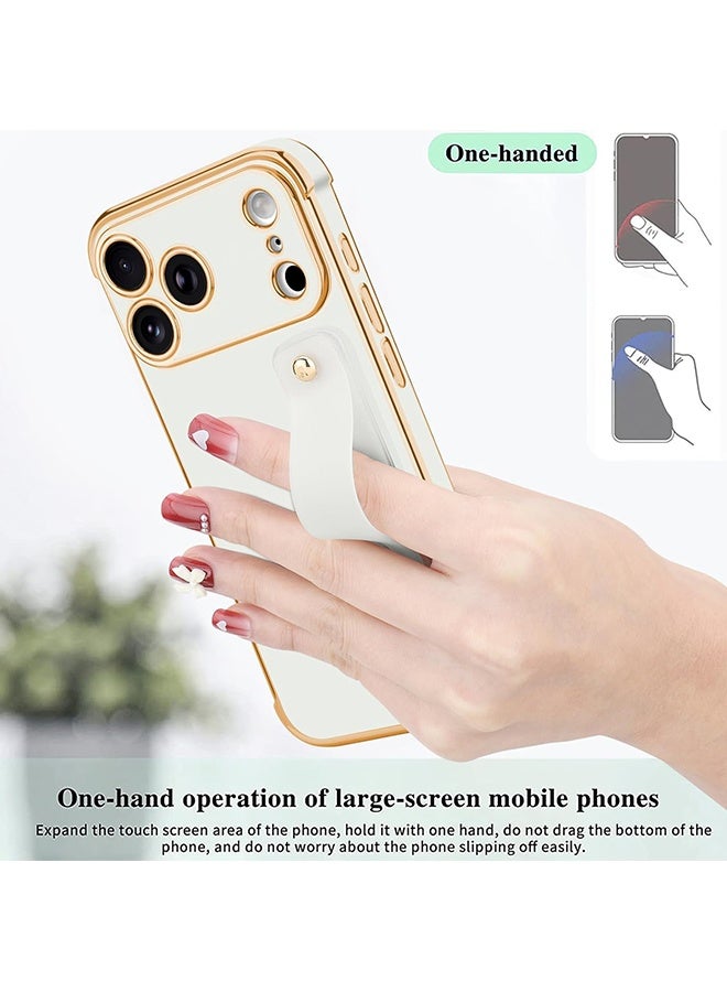 Wffo Compatible with iPhone 17 Pro Max Case - Adjustable Wrist Strap Kickstand - Cute Heart Luxury Gold Plating Bumper - Raised Edges Shockproof Protection for iPhone 17 Pro Max - Women Men Protective Case Cover - White - Image 4