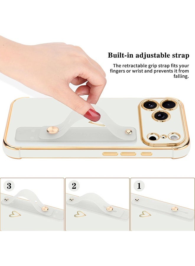 Wffo Compatible with iPhone 17 Pro Max Case - Adjustable Wrist Strap Kickstand - Cute Heart Luxury Gold Plating Bumper - Raised Edges Shockproof Protection for iPhone 17 Pro Max - Women Men Protective Case Cover - White - Image 5
