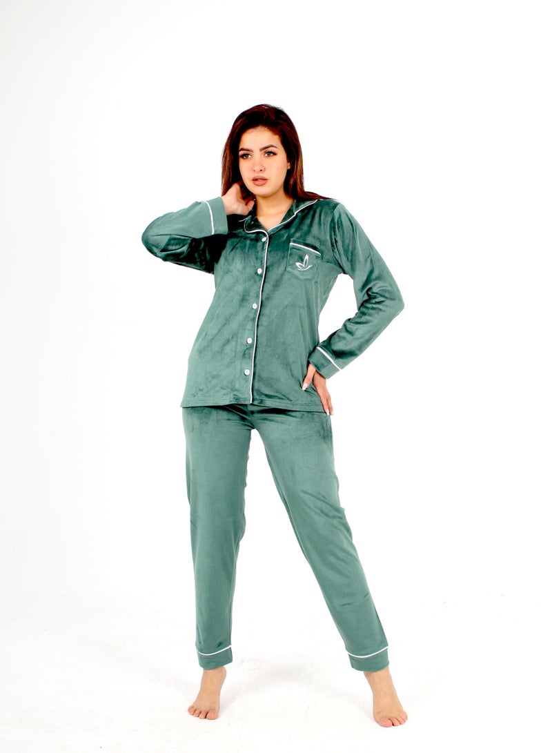 بيجامه حريمي زيتي شتوي كلاسيك راحة لا مثيل لها - سترغبين في ارتدائه طوال اليوم - Image 1