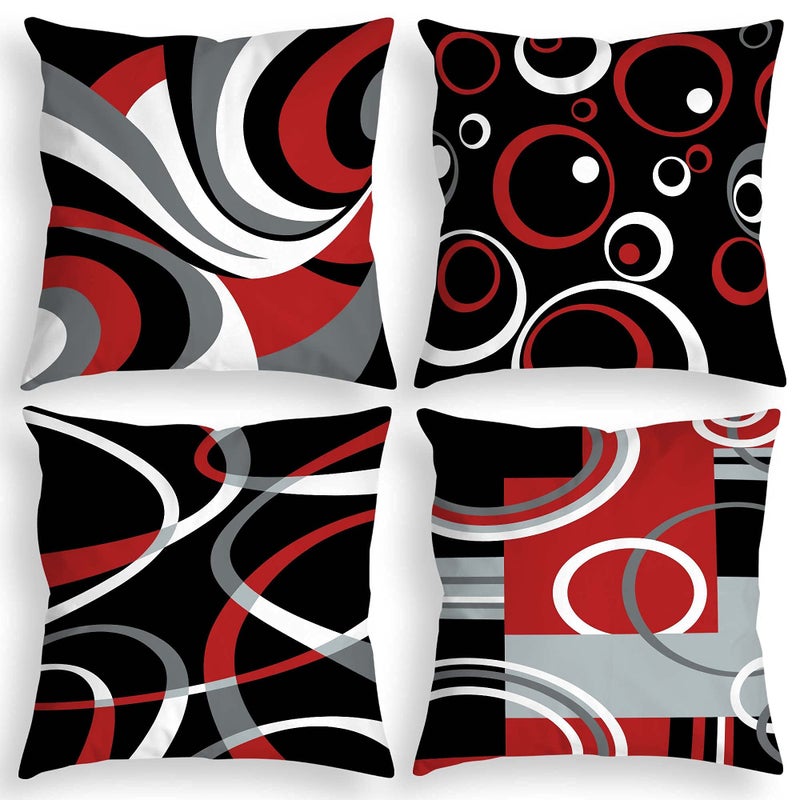 D DIFARIC RED and Black Throw Covers تبلغ 18 × 18 بوصة مجموعة من 4 ديكور تزيين تغطية وسادة تجريدية ملخصات وسادة هندسية حديثة لأريكة أريكة سرير الأريكة - Image 1