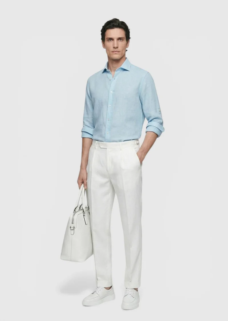 RAMSEY Turquoise Plain Regular Fit Long Weaving Casual Cotton Blended Shirt