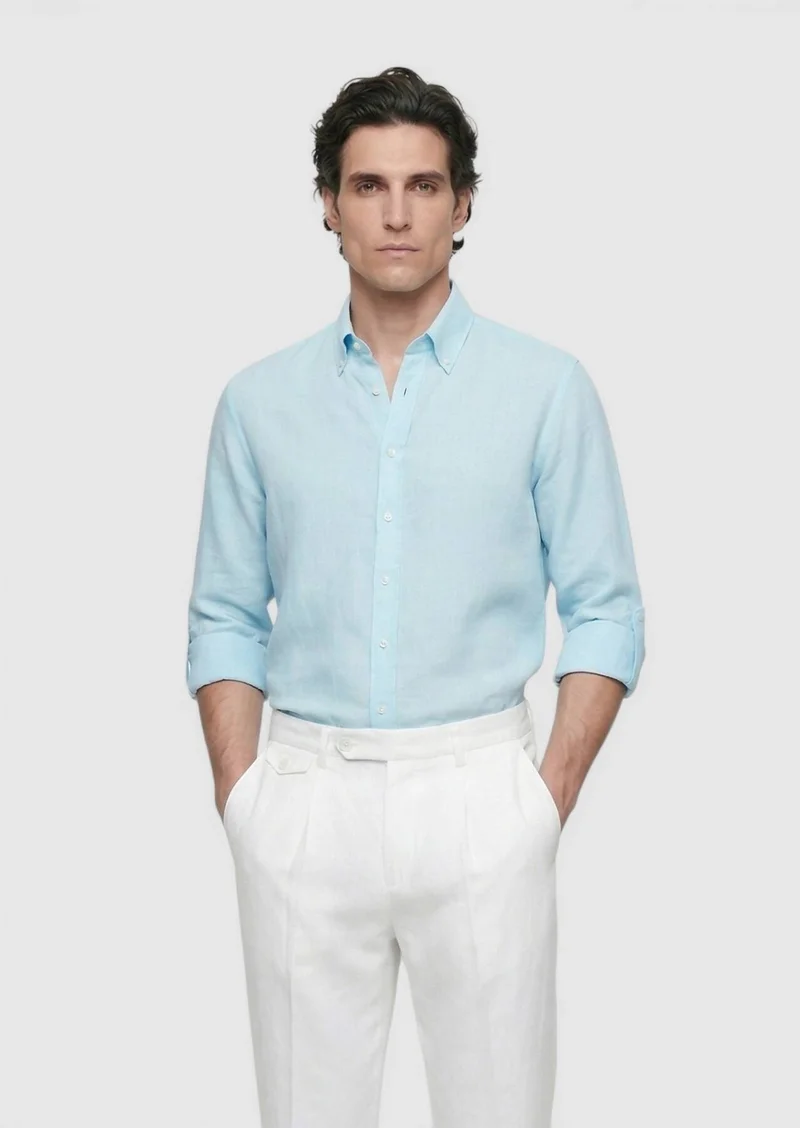 RAMSEY Turquoise Plain Regular Fit Long Weaving Casual Cotton Blended Shirt