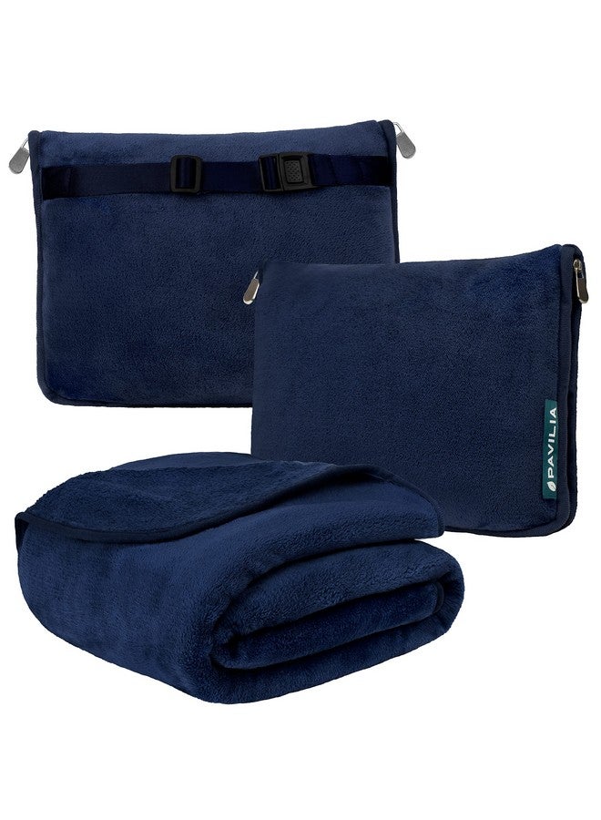 PAVILIA PAVILIA Travel Blanket Pillow, Soft Airplane Blanket 2-IN-1 Combo Set, Plane Blanket Compact Packable, Flight Essentials Car Pillow, Travelers Gifts Accessories Luggage Backpack Strap, 60x43 Navy Blue - Image 1