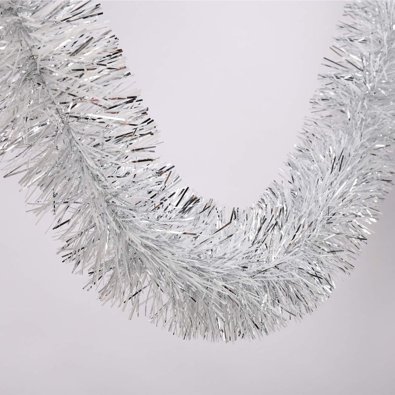 Blukey 25 ft Long Roll Silver  White Tinsel Twist Garland Shiny Metallic Foil Decorations for Halloween Parade Floats Christmas Eve New Year Parties 4 x 25 roll Silver  White 