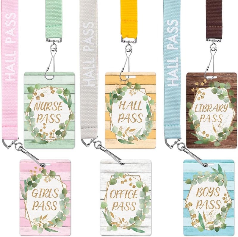 ceiba tree Eucalyptus Hall Pass Lanyards – Set of 6 (Hall, Office, Library, Nurse, Boy & Girl) with Breakaway Buckle for Students, Teachers & Office Supplies - Image 1