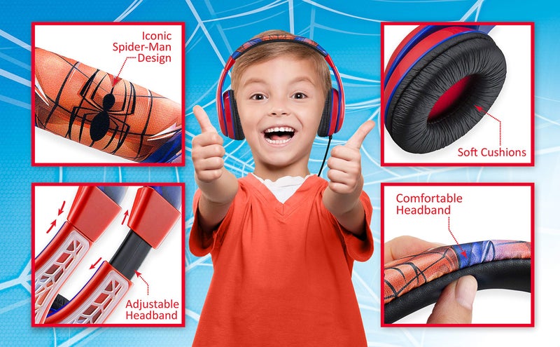 eKids Spiderman Kids Headphones, Adjustable Headband, Stereo Sound, 3.5Mm Jack, Wired Headphones for Kids, Tangle-Free, Volume Control, Foldable, Childrens Earphones for School Home, Travel - Image 2
