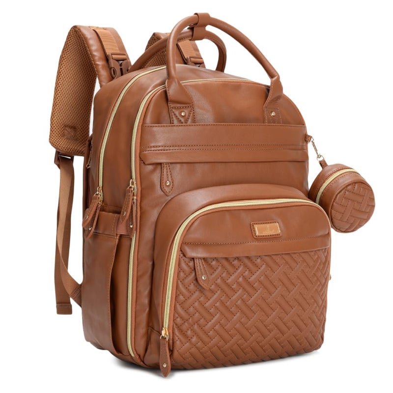 BabbleRoo Leather Diaper Bag Backpack - Baby Essentials Travel Baby Bag, Multi function, Water Resistant, with Changing Pad, Stroller Straps & Pacifier Case - Unisex, Natural Brown - Image 1