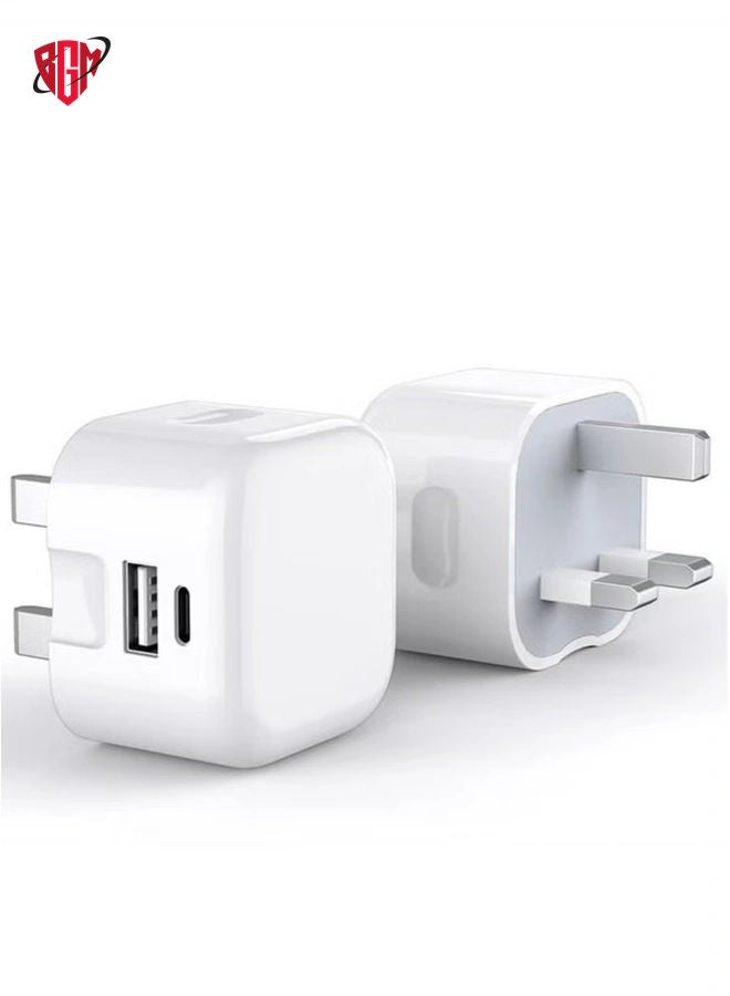 BGM USB + Type C Fast Charger Plug For Samsung Galaxy S23/S23 Plus/S23 Ultra/A14 5G/A54/S22 5G/S22 Plus 5G/S22 Ultra 5G/A53 5G/A13/A23 20W Dual Port UK Wall Plug Travel Fast Charging Plug (WHITE) - Image 3