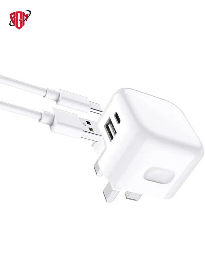 BGM USB + Type C Fast Charger Plug For Samsung Galaxy S23/S23 Plus/S23 Ultra/A14 5G/A54/S22 5G/S22 Plus 5G/S22 Ultra 5G/A53 5G/A13/A23 20W Dual Port UK Wall Plug Travel Fast Charging Plug (WHITE) - Image 4