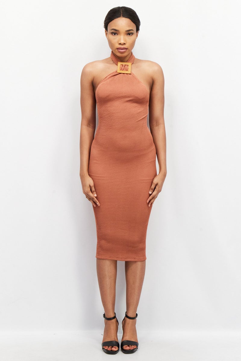 Asos Design Women Tall Halter Neck Textured Bodycon Dress, Brown - Image 1