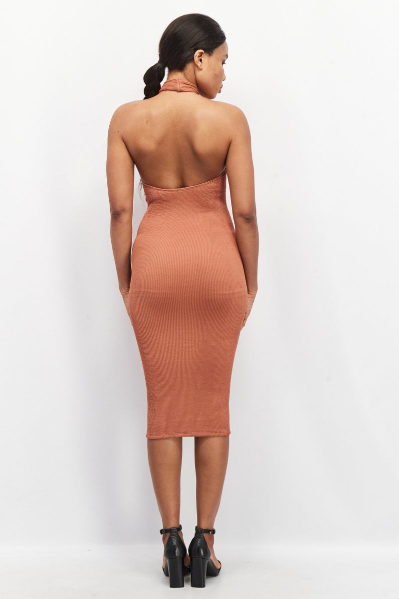 Asos Design Women Tall Halter Neck Textured Bodycon Dress, Brown - Image 3