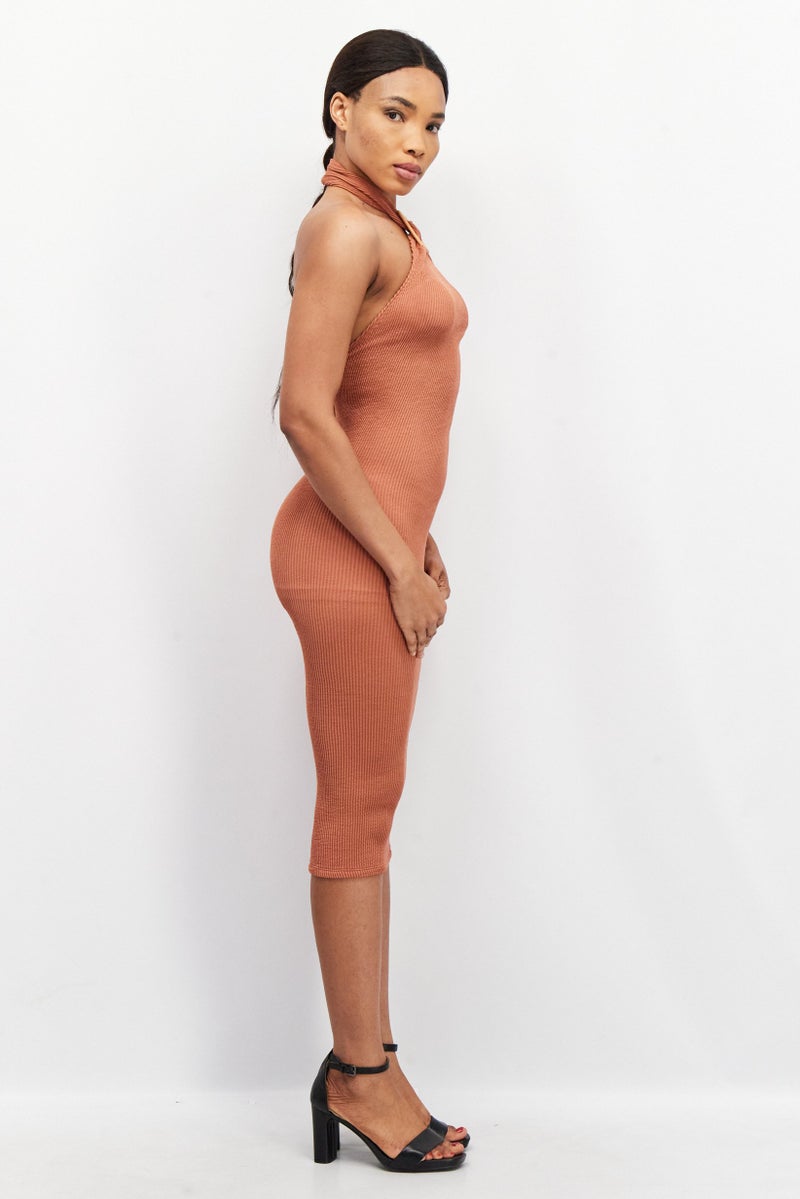 Asos Design Women Tall Halter Neck Textured Bodycon Dress, Brown - Image 2