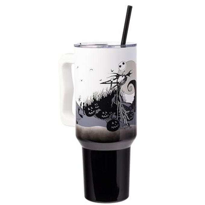 Silver Buffalo Disney Nightmare Before Christmas by Tim Burton Jack Skellington Hill and Moon Stainless Steel Tumbler with Handle and Straw, Fits in Standard Cup Holder, 40 Ounces