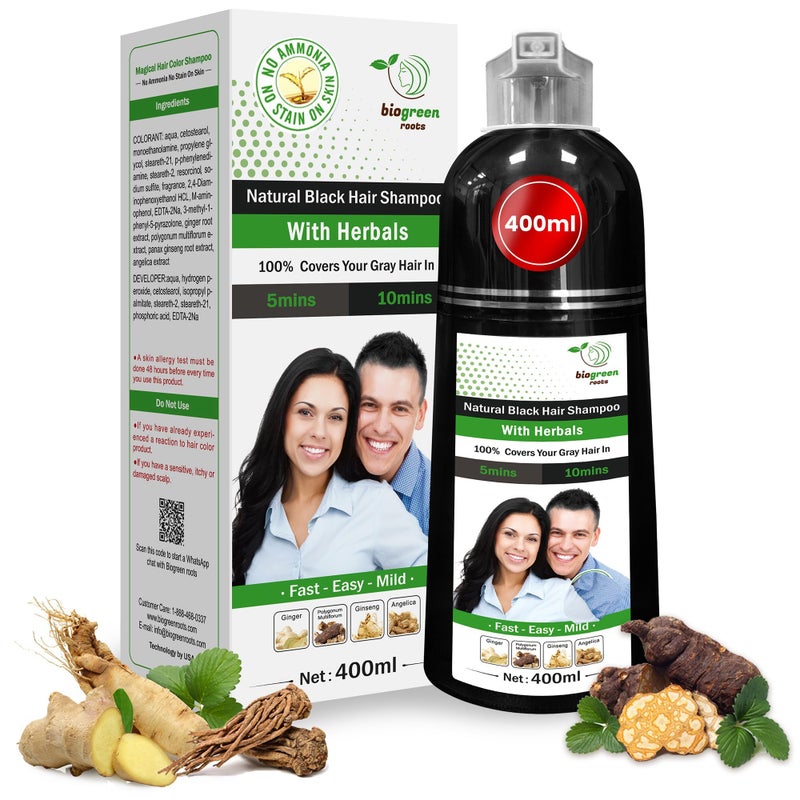 BIOGREEN ROOTS Ammonia-Free & Paraben Free Herbal Hair Shampoo - Hair Dye Shampoo for Women & Men - Natural Color & Herbal Nourishment - No Stain on Skin - Natural Black (400 ml) - Image 1