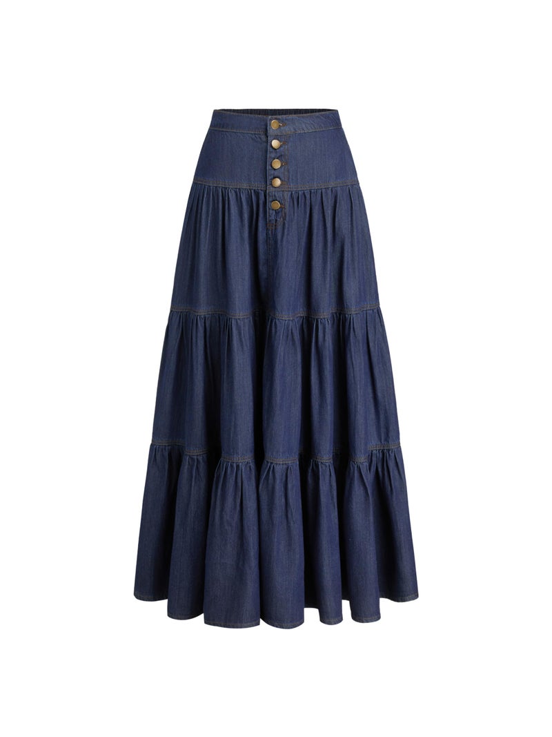 CIDER Womenâ€™s Long Jean Denim Tiered Button Down High Waisted Maxi Skirts - Image 1