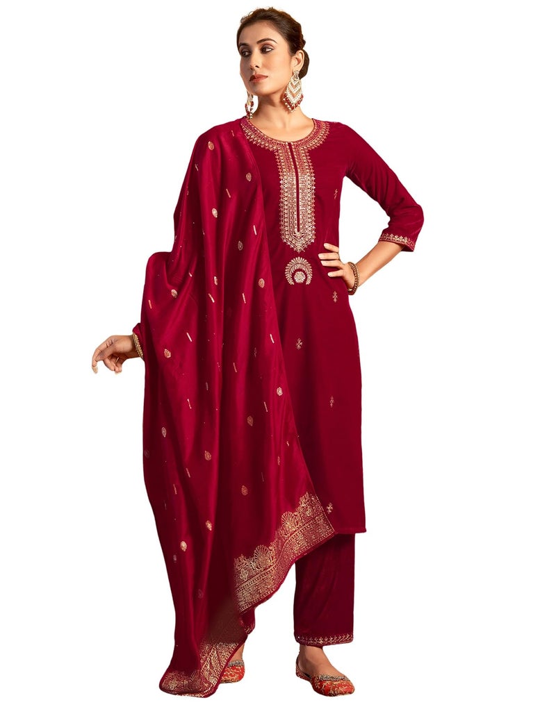 SIRIL Women's Velvet Embroidered Straight Kurta Pant with Dupatta Set (218KBD2313-S-Red) - Image 1