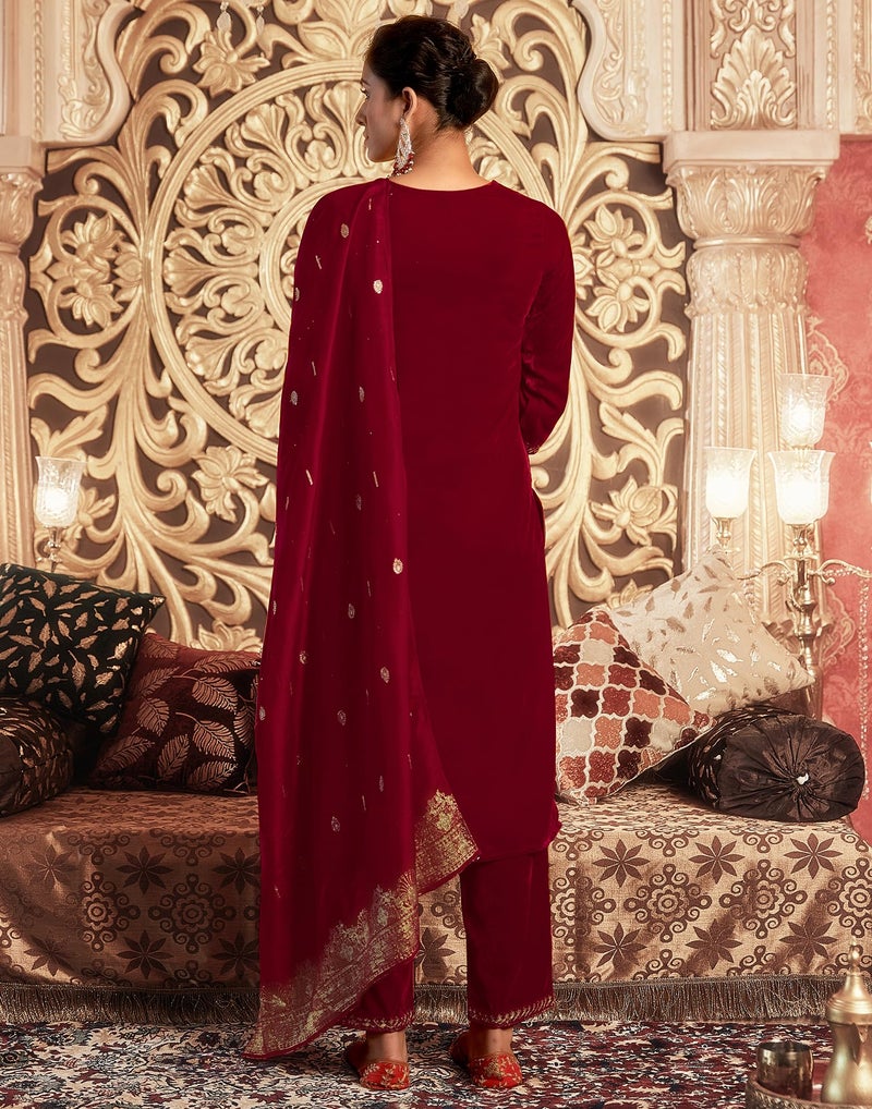 SIRIL Women's Velvet Embroidered Straight Kurta Pant with Dupatta Set (218KBD2313-S-Red) - Image 2