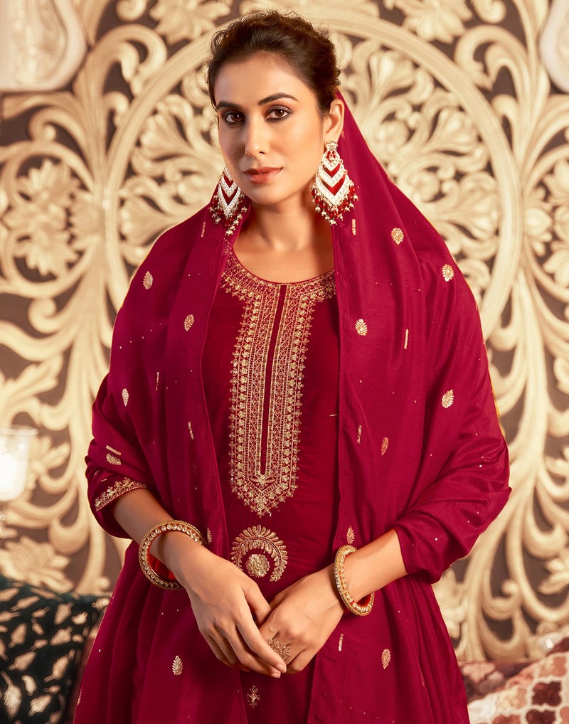 SIRIL Women's Velvet Embroidered Straight Kurta Pant with Dupatta Set (218KBD2313-S-Red) - Image 5