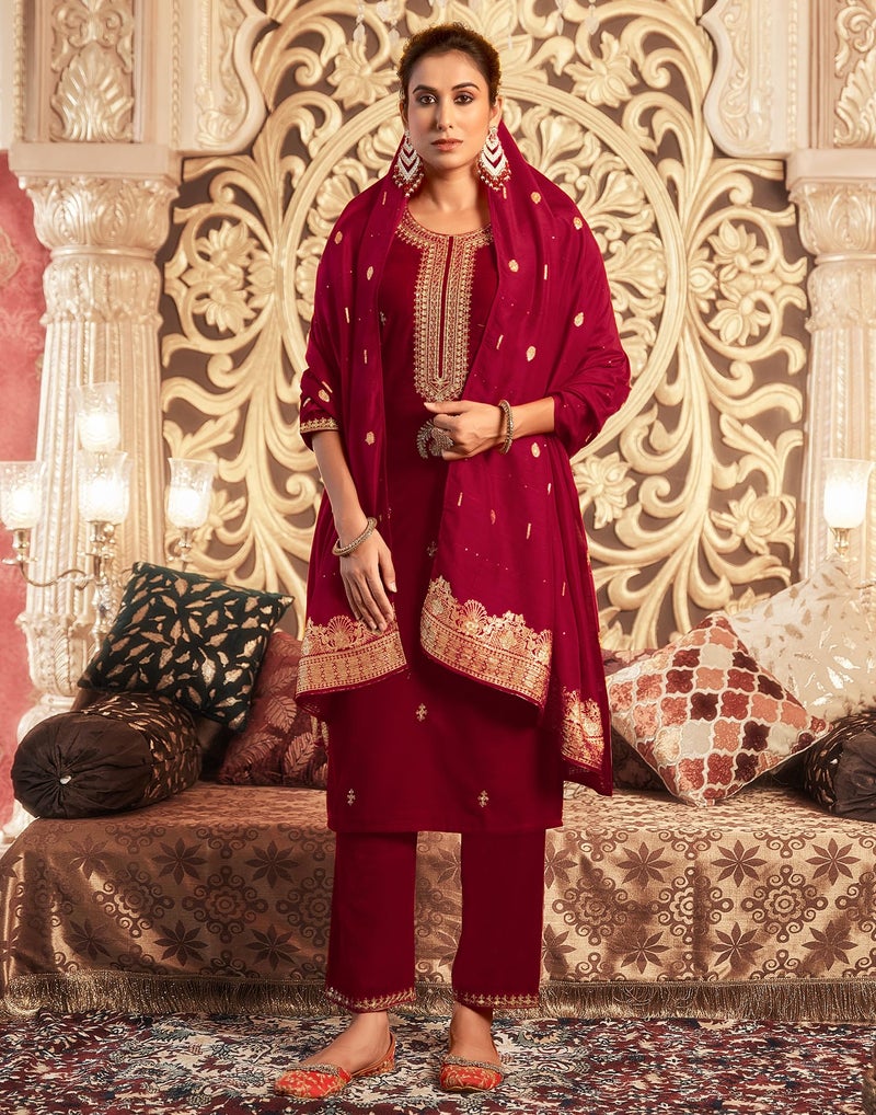 SIRIL Women's Velvet Embroidered Straight Kurta Pant with Dupatta Set (218KBD2313-S-Red) - Image 3