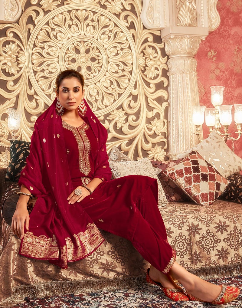 SIRIL Women's Velvet Embroidered Straight Kurta Pant with Dupatta Set (218KBD2313-S-Red) - Image 4