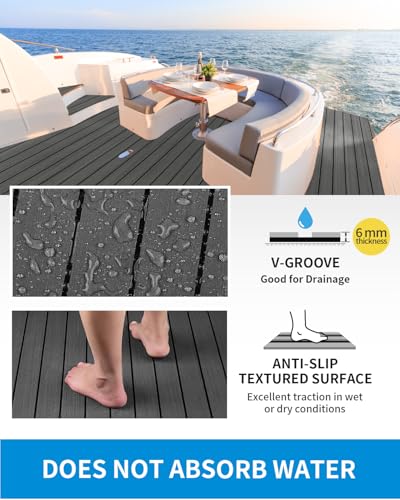 OCEANBROAD Boat Flooring EVA Foam Self-Adhesive 96''x28.8'' Faux Teak Marine Boat Decking Sheet for Jon Boats Yacht Floor, Dark Gray with Black Seam Lines - Image 4