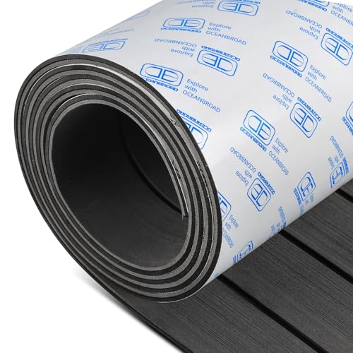 OCEANBROAD Boat Flooring EVA Foam Self-Adhesive 96''x28.8'' Faux Teak Marine Boat Decking Sheet for Jon Boats Yacht Floor, Dark Gray with Black Seam Lines - Image 1