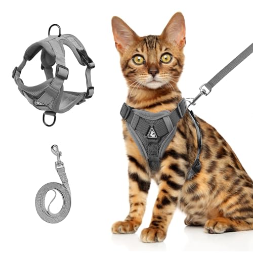 Wanheart cat Chest Harness and Leash, Anti-Escape Adjustable Soft mesh cat Leash and Chest Harness Set for All Types of Cats cat Vests (Grey, 11.02-16.5lb) - Image 1