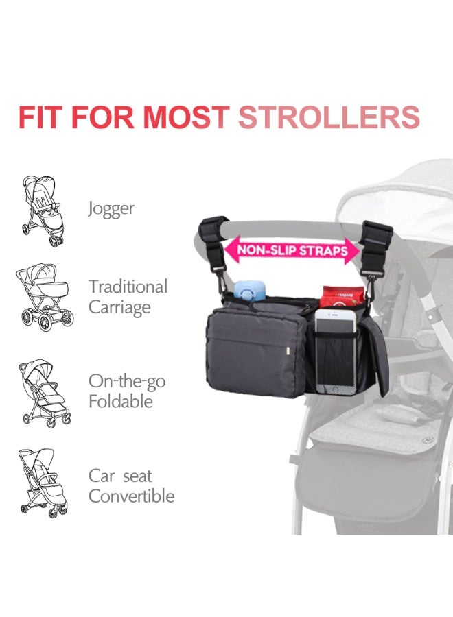 jaexest Universal Baby Stroller Organizer Bag With 2 Insulated Cup Holders, Anti-Slip Straps Waterproof Stroller Caddy Storage Bag Fit All Strollers Jogger Carriage Foldable Stroller, Detachable Shoulder Strap Large Capacity Diaper Phone Toy Storage Pouch For Mom - Image 2