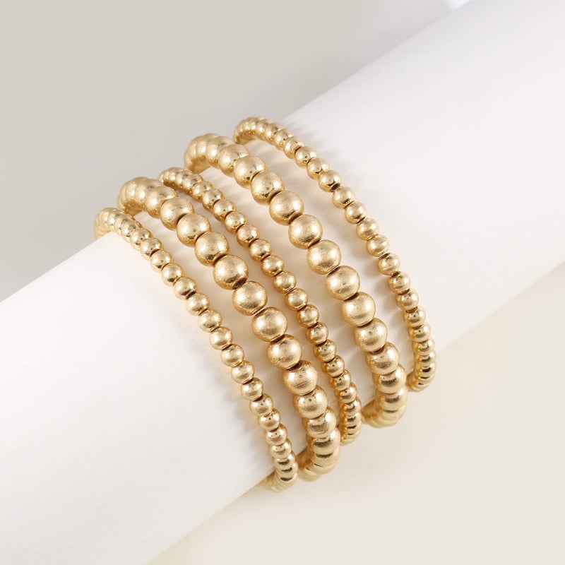Badu Gold Plate Bead Bracelet for Women 14K Gold Plated Bead Ball Bracelet Stretchable Elastic Hypoallergenic Bohemian Stackable - Image 3