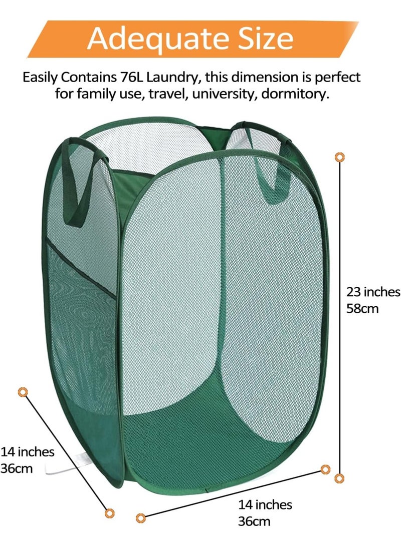 2 Pack Durable Collapsible Laundry Baskets - Reinforced Mesh Pop Up Laundry Hamper with Pocket, Foldable Dirty Clothes Hamper with Carry Handles for Laundry, Bathroom, Kids Room, Dorm or Travel Green - Image 2