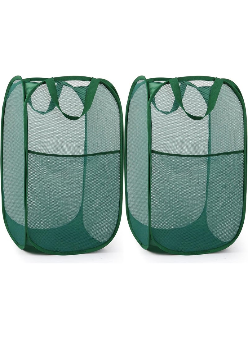 2 Pack Durable Collapsible Laundry Baskets - Reinforced Mesh Pop Up Laundry Hamper with Pocket, Foldable Dirty Clothes Hamper with Carry Handles for Laundry, Bathroom, Kids Room, Dorm or Travel Green - Image 1