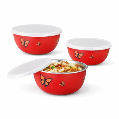 Zaib Microwave Safe Stainless Steel Food Storage Container with Lid | Euro Bowl Set for Kitchen | 500ml, 750ml, 1250ml | Pack of 3 (3 Red Butterfly) - Image 1