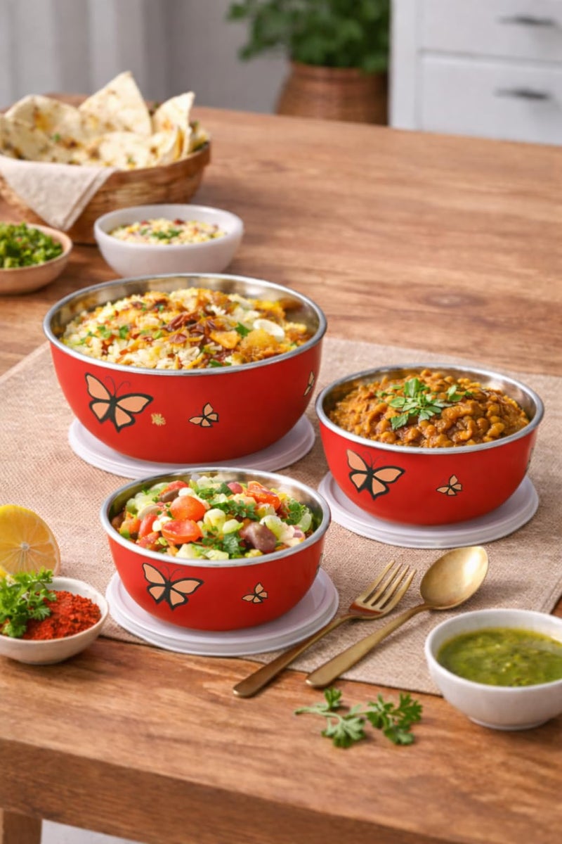 Zaib Microwave Safe Stainless Steel Food Storage Container with Lid | Euro Bowl Set for Kitchen | 500ml, 750ml, 1250ml | Pack of 3 (3 Red Butterfly) - Image 2