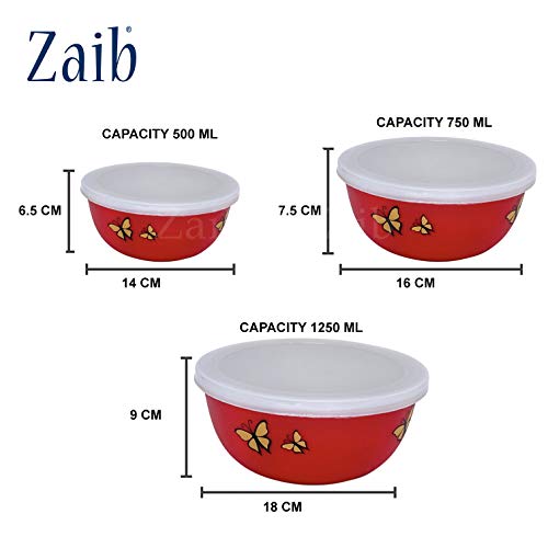 Zaib Microwave Safe Stainless Steel Food Storage Container with Lid | Euro Bowl Set for Kitchen | 500ml, 750ml, 1250ml | Pack of 3 (3 Red Butterfly) - Image 3