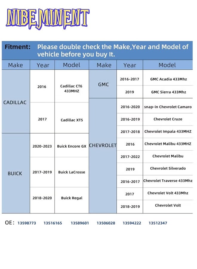 NIBEMINENT 4 قطع مستشعر استبدال TPMS لسيارات شيفروليه GMC كاديلاك بويك، 433 ميغاهرتز مستشعر نظام مراقبة ضغط الإطارات OE#13598773/13506028 أسود - Image 2