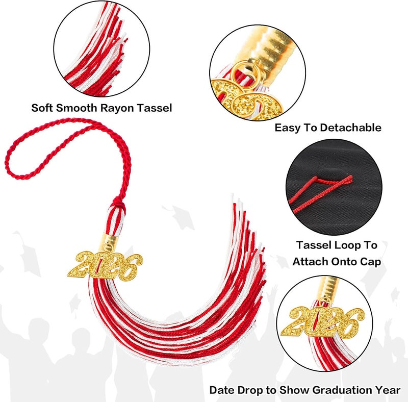 RHOttbiy 2026 Graduation Tassel, 2026 Tassel Graduation, 2026 Tassels for Graduations Cap with 2026 Year Gold Charms for Graduate Cap,Red White Graduations Tassels for Class of 2026 Grad Ceremonies Accessories - Image 4