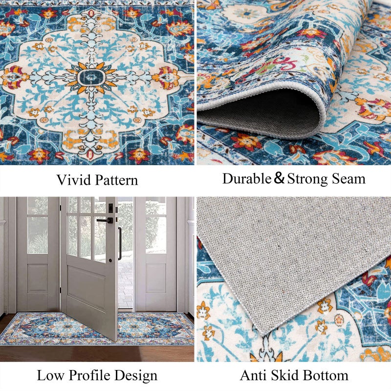 U'Artlines 2' x 8' Boho Hallway Runner Rug, Non Slip Washable Vintage Farmhouse Accent Area Rug Carpet for Kitchen Entryway Laundry and Living Room(Blue) - Image 3