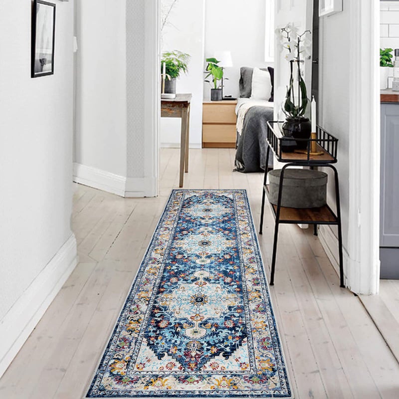U'Artlines 2' x 8' Boho Hallway Runner Rug, Non Slip Washable Vintage Farmhouse Accent Area Rug Carpet for Kitchen Entryway Laundry and Living Room(Blue) - Image 4