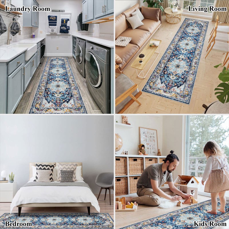 U'Artlines 2' x 8' Boho Hallway Runner Rug, Non Slip Washable Vintage Farmhouse Accent Area Rug Carpet for Kitchen Entryway Laundry and Living Room(Blue) - Image 5
