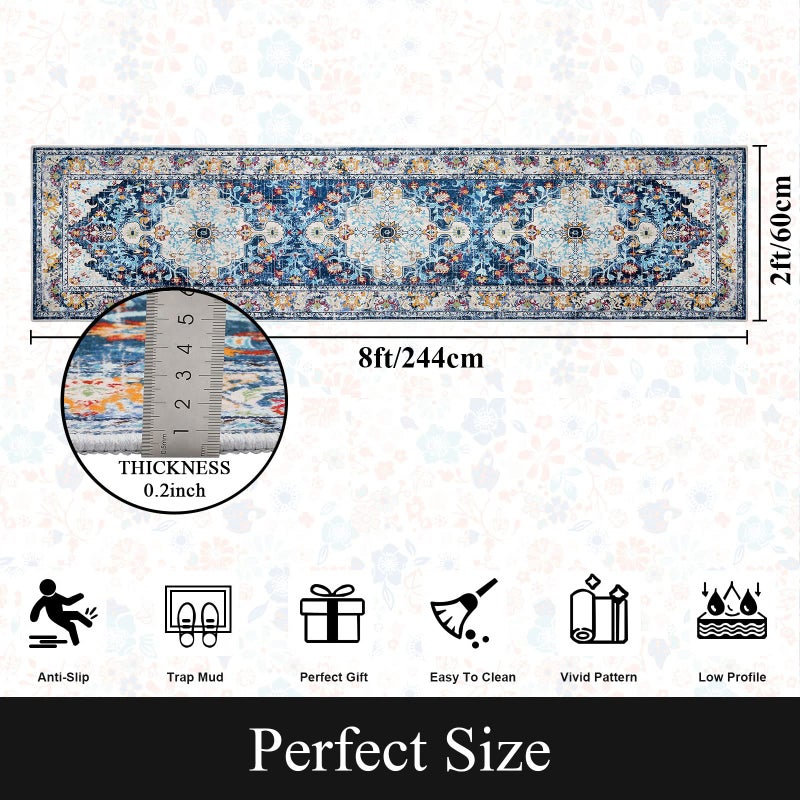 U'Artlines 2' x 8' Boho Hallway Runner Rug, Non Slip Washable Vintage Farmhouse Accent Area Rug Carpet for Kitchen Entryway Laundry and Living Room(Blue) - Image 2