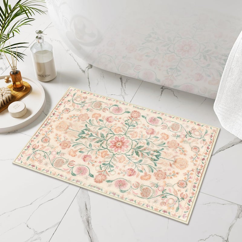 Uphome Boho Bath Mat Beige Floral Small Bathroom Rugs Ultra Soft Non-Slip Vintage Bath Mats Machine Washable Farmhouse Floral Bath Rugs for Bathroom Toilet Sink Tub, 18x26 inch - Image 1