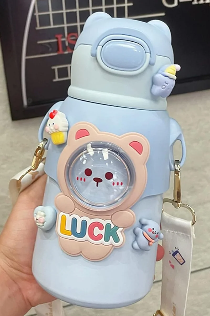 Mobcos MOBCOS Cute Teddys Water Bottle with Straw, Stainless Steel Drinking Bottle with Straps Reusable Metal Water Bottle Leak Proof Vacuum Insulated Water Bottles for Girls and Boys Keep Hot and Cold (Blue)