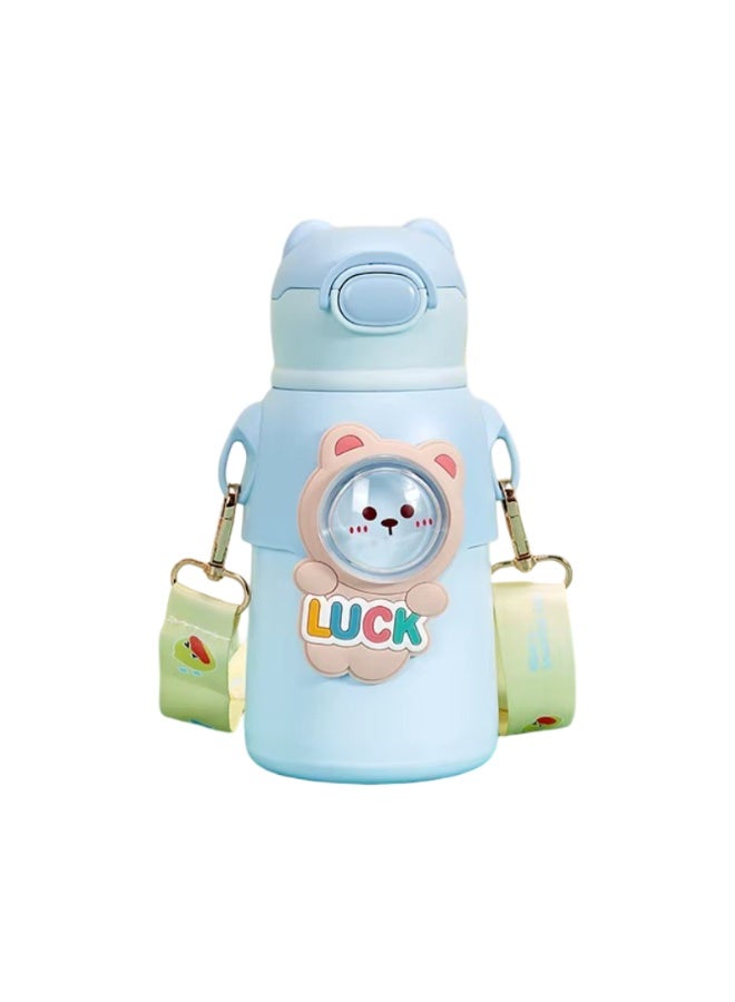 MOBCOS Cute Teddys Water Bottle with Straw, Stainless Steel Drinking Bottle with Straps Reusable Metal Water Bottle Leak Proof Vacuum Insulated Water Bottles for Girls and Boys Keep Hot and Cold (Blue) - Image 1