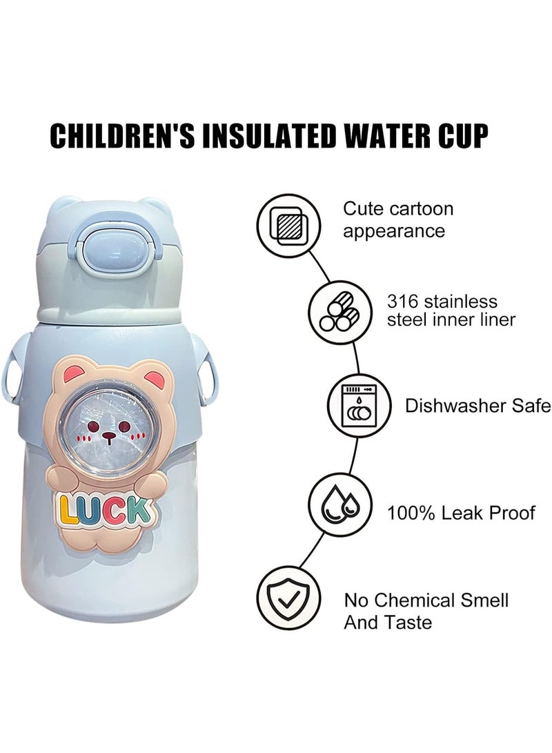 MOBCOS Cute Teddys Water Bottle with Straw, Stainless Steel Drinking Bottle with Straps Reusable Metal Water Bottle Leak Proof Vacuum Insulated Water Bottles for Girls and Boys Keep Hot and Cold (Blue) - Image 3