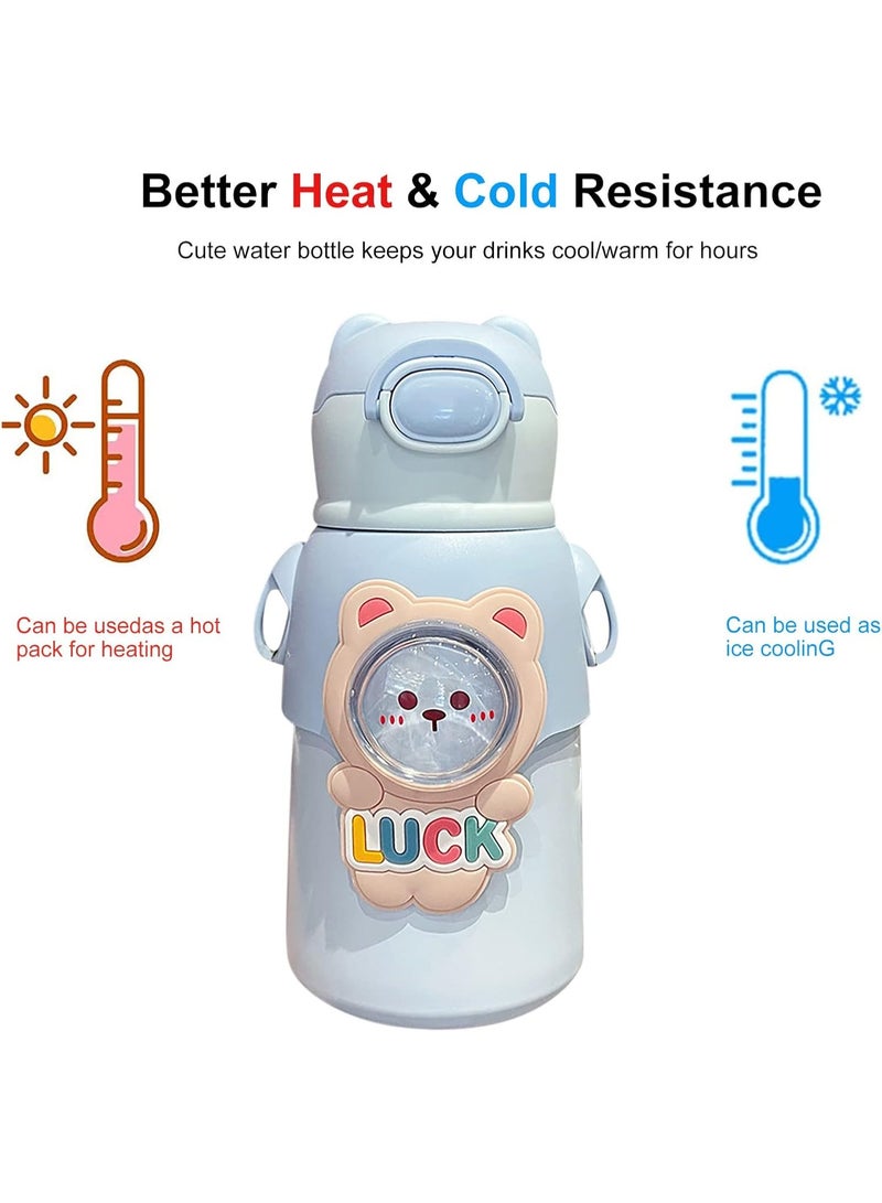 MOBCOS Cute Teddys Water Bottle with Straw, Stainless Steel Drinking Bottle with Straps Reusable Metal Water Bottle Leak Proof Vacuum Insulated Water Bottles for Girls and Boys Keep Hot and Cold (Blue) - Image 4