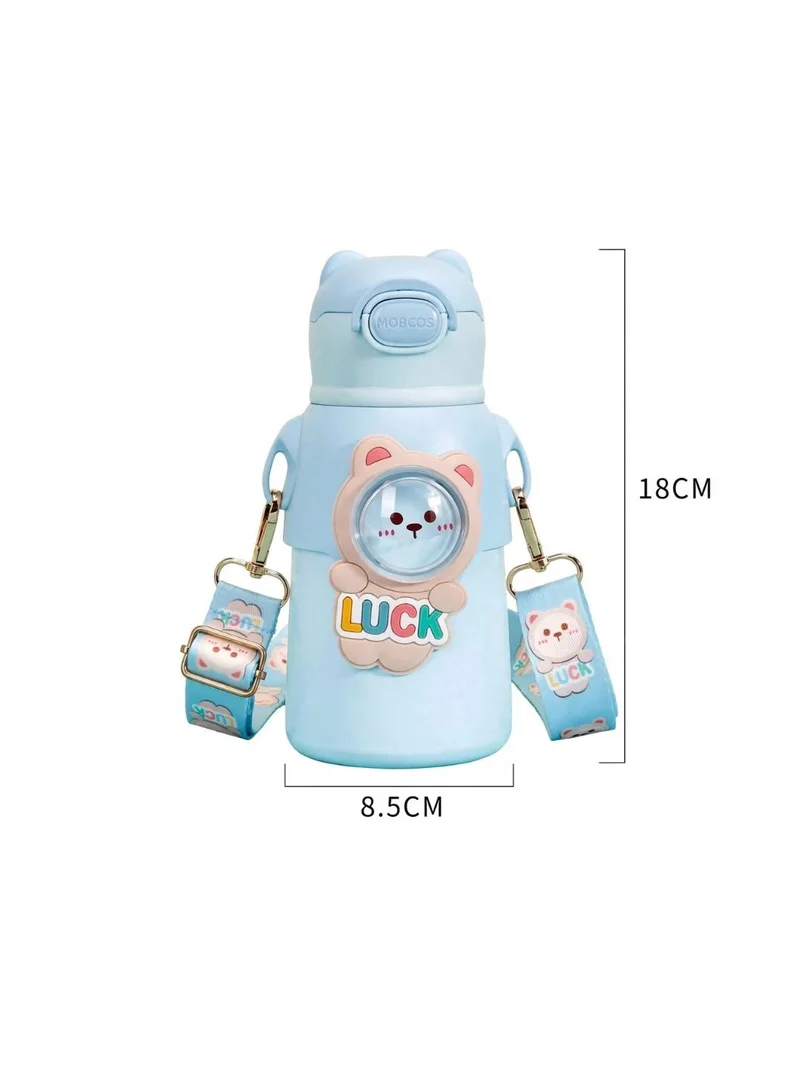 Mobcos MOBCOS Cute Teddys Water Bottle with Straw, Stainless Steel Drinking Bottle with Straps Reusable Metal Water Bottle Leak Proof Vacuum Insulated Water Bottles for Girls and Boys Keep Hot and Cold (Blue)
