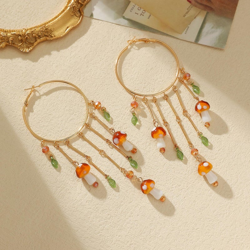 Zaycca Colorful Boho Tassel Hoop Earrings Mushroom Leaves Dangle Earring for Women - Image 4