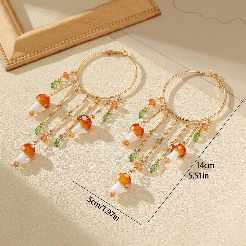 Zaycca Colorful Boho Tassel Hoop Earrings Mushroom Leaves Dangle Earring for Women - Image 2