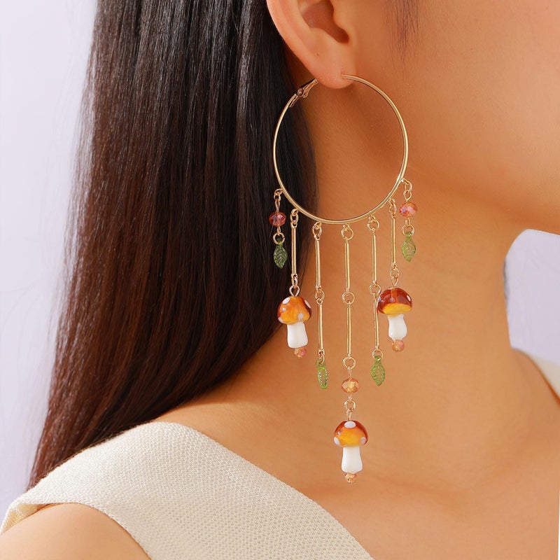 Zaycca Colorful Boho Tassel Hoop Earrings Mushroom Leaves Dangle Earring for Women - Image 3